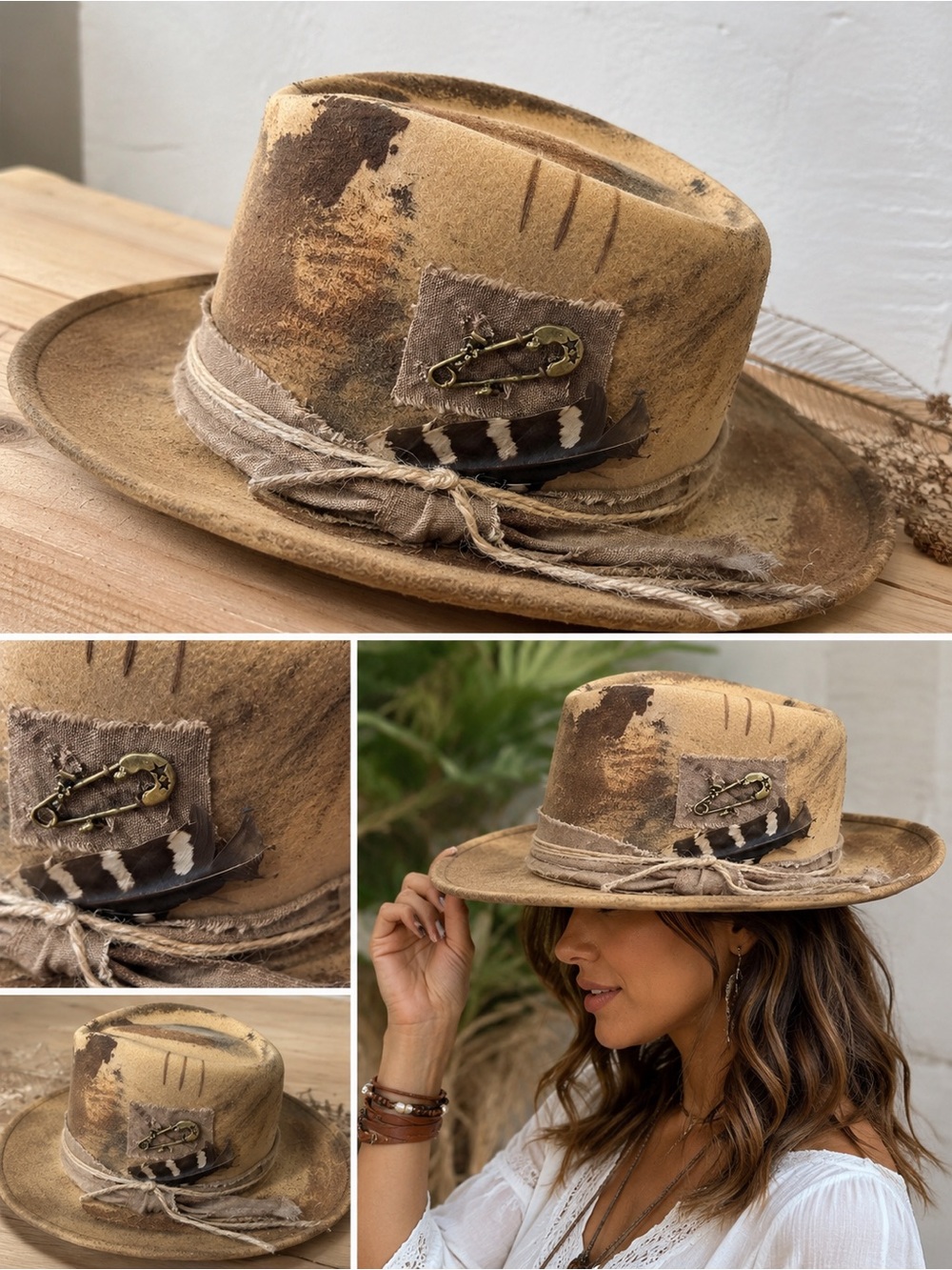 Boho Distressed Tan Fedora Hat with Feather & Twine Accent